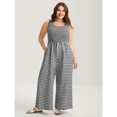 Bloomchic Women's Plus Size Gingham Print Shirred Straight-leg Jumpsuit Black Casual 22-24/3x