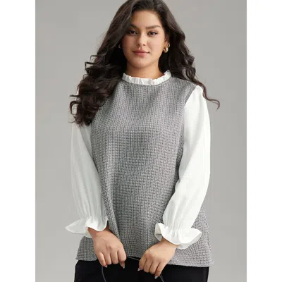 Bloomchic Women's Plus Size Gingham Ruffles Patchwork Frill Trim Blouse White Office Long Sleeve 14-16/1x