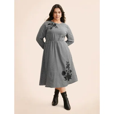 Bloomchic Women's Plus Size Gingham Silhouette Floral Print Midi Dress Black Plaid Midi Elegant Non 12/l