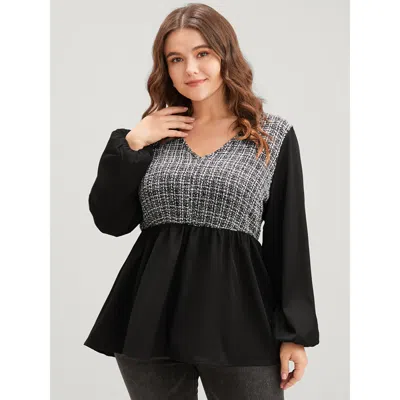 Bloomchic Women's Plus Size Gingham Tweed Lantern Sleeve Asymmetrical Hem Blouse Black Plaid Dailywear Long Sl