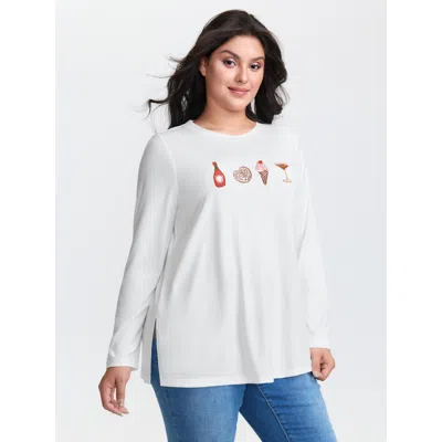 Bloomchic Women's Plus Size Girls Brunch Pattern Round Neck T-shirt Originalwhite Non Casual Long Sleeve 12/l