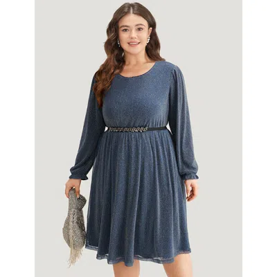 Bloomchic Women's Plus Size Glitter Crew Neck Pocket Pleated Dress Aegean Going Out Elastic Cuffs 14-16/1x In Blue