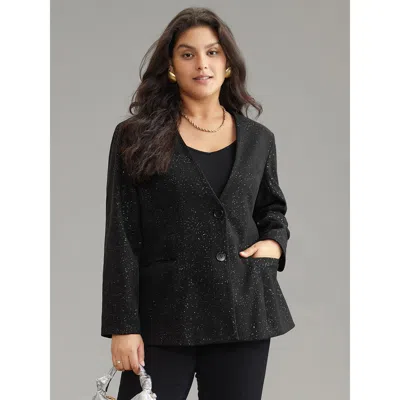 Bloomchic Women's Plus Size Glitter Flap Pocket Button Down Blazer Black Plain Lined Sleeve Long Sleeve 14-16/