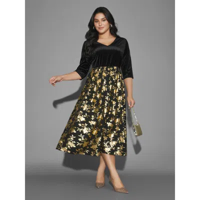 Bloomchic Women's Plus Size Glitter Floral Patchwork Velvet Midi Dress Black Party Midi Texture 28/5x