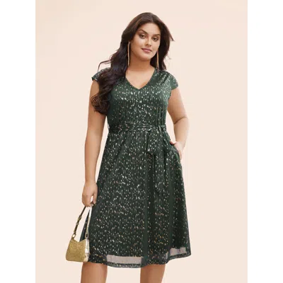 Bloomchic Women's Plus Size Glitter Geometric Cap Sleeve Belted Dress Darkslategray Else Midi Party Wide Waist