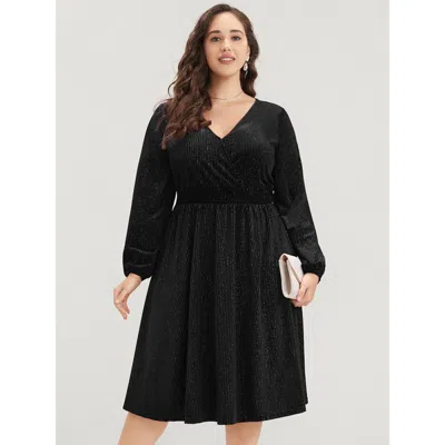Bloomchic Women's Plus Size Glitter Lantern Sleeve Surplice Neck Shirred Dress Black Solid Going Out Plain 30/