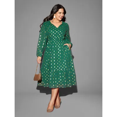 Bloomchic Women's Plus Size Glitter Notched Collar Tiered Hem Midi Dress Armygreen Party Midi Tie Knot 18-20/2