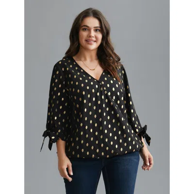 Bloomchic Women's Plus Size Glitter Overlap Collar Tie Knot Blouse Black Polka Dots Party 3/4 Sleeve 10/m