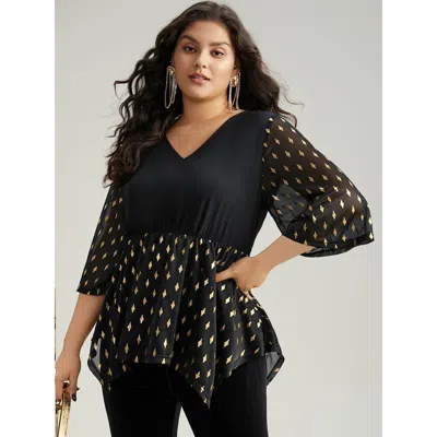 Bloomchic Women's Plus Size Glitter Patchwork Mesh Hanky Hem Blouse Black Festival-christmas 3/4 Sleeve 10/m