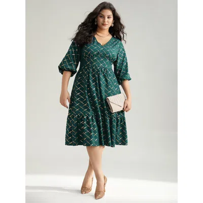 Bloomchic Women's Plus Size Glitter Plaid Lantern Sleeve Ruffle Hem Dress Darkgreen Festival-christmas Elastic In Green