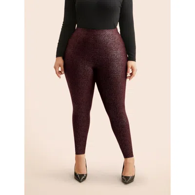 Bloomchic Women's Plus Size Glitter Pleated Skinny Leggings Burgundy Medium Stretch Skinny Fit Mid Rise Party 
