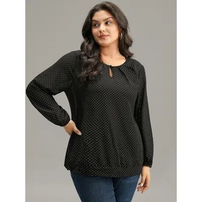 Bloomchic Women's Plus Size Glitter Polka Dot Puff Sleeve Keyhole Blouse Blackflower Dailywear Long Sleeve 14-