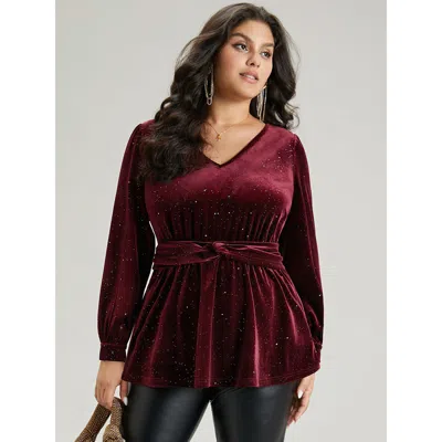 Bloomchic Women's Plus Size Glitter Sequin Velvet Twist Front V Neck Blouse Scarlet Party Long Sleeve 18-20/2x In Red