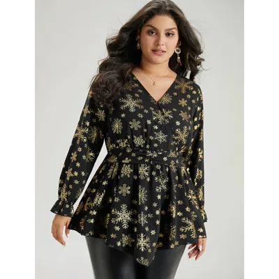 Bloomchic Women's Plus Size Glitter Snowflake Elastic Waist Ruched Wrap Blouse Black Party Long Sleeve 26/4x