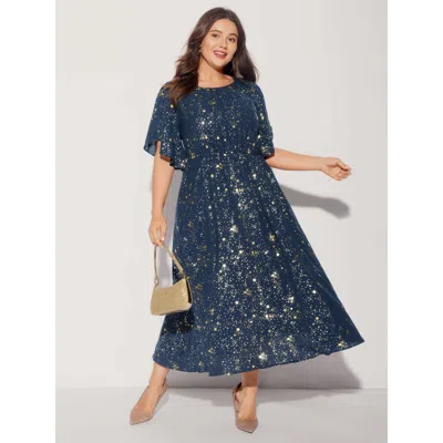 Bloomchic Women's Plus Size Glitter Star Split Sleeve Midi Dress Darkblue Solid Midi Party Smocked 12/l In Blue
