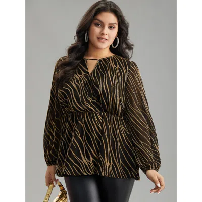 Bloomchic Women's Plus Size Glitter Striped Mesh Keyhole Lantern Sleeve Blouse Gold Party Long Sleeve 10/m