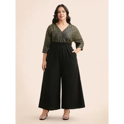Bloomchic Women's Plus Size Glitter Striped Patchwork Shirred Jumpsuit Black Party 12/l