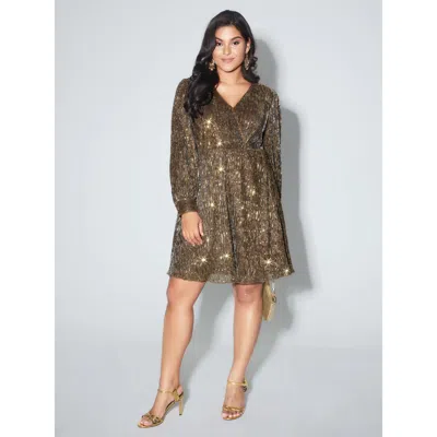 Bloomchic Women's Plus Size Glitter Surplice Neck Knee Dress Yellowishbrown Stripes Short Party 22-24/3x