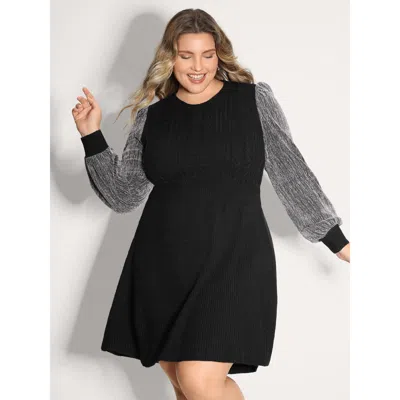 Bloomchic Women's Plus Size Glitter Textured Contrast Sleeve Midi Sweater Dress Black Non Short Cable Knit 14-