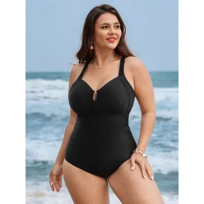 Bloomchic Women's Plus Size Glossy Fabric Ruched Tummy-control One-piece Swimsuit Black Non Cut-out Adaptive-f