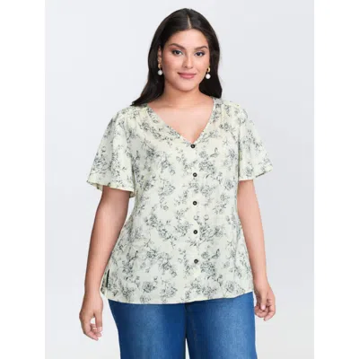 Bloomchic Women's Plus Size Glossy Textured Floral Print Blouse Ivory Ditsy Floral Elegant Short Sleeve 10/m In White