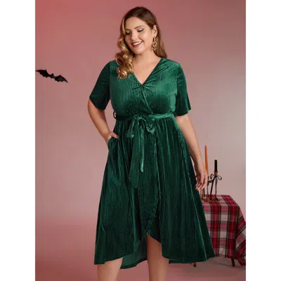 Bloomchic Women's Plus Size Glossy Textured Velvet Wrap Tied Midi Dress Darkgreen Synthetic Texture Midi Party In Green