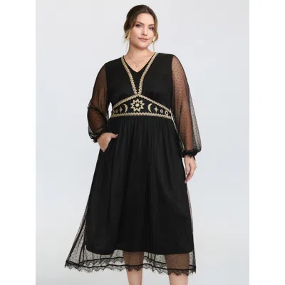Bloomchic Women's Plus Size Gold Embroidery Lace Trim Sheer Maxi Dress Black Stars And Moons Midi Elegant 10/m