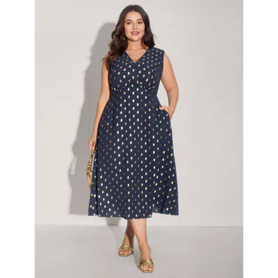 Bloomchic Women's Plus Size Gold Polka Dots Waist-defining Midi Dress Indigo Non Midi Party Overlapping 12/l In Purple