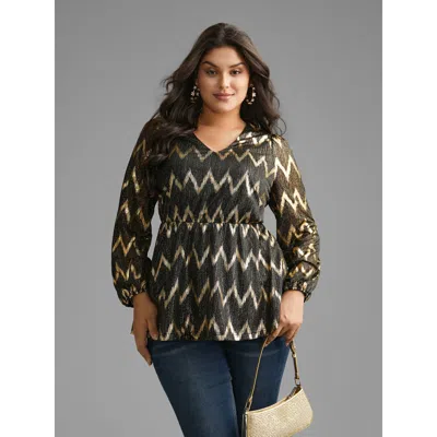 Bloomchic Women's Plus Size Gold Shimmer Elastic Waist V-neck Blouse Black Geometric Party Long Sleeve 12/l