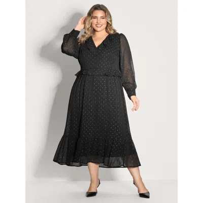 Bloomchic Women's Plus Size Gold Stamp Ruffled Neck Maxi Dress Black Stars And Moons Maxi Party 10/m