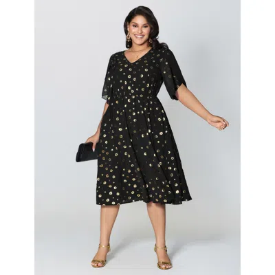Bloomchic Women's Plus Size Gold Stamped Bud Sleeve Midi Dress Black Non Midi Party Petal Edge 28/5x