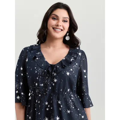 Bloomchic Women's Plus Size Gold Stamped Floral Print Lotus Leaf Blouse Indigo Stars And Moons Vacation Half S In Purple