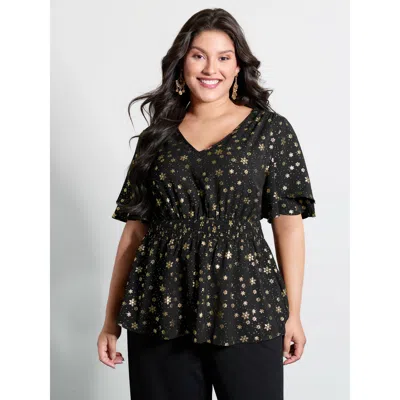 Bloomchic Women's Plus Size Gold Stamped Layered Ruffled Sleeve Blouse Black Non Party Short Sleeve 10/m