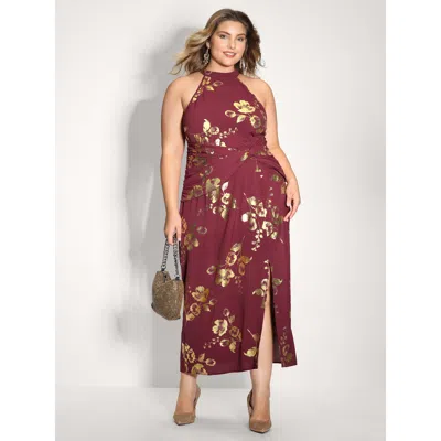Bloomchic Women's Plus Size Gold Stamped Rose Twist Waist Midi Dress Scarlet Floral Maxi Party Tie Knot 12/l In Red