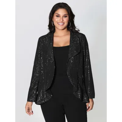 Bloomchic Women's Plus Size Gold Stamped Ruffled Edge Open-front Blazer Black Not Graphics Ruffles Sleeve Long