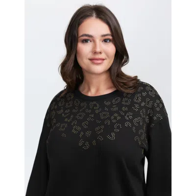 Bloomchic Women's Plus Size Gold Studs Relaxed-fit T-shirt Black Synthetic Texture Casual 3/4 Sleeve 22-24/3x