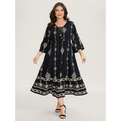 Bloomchic Women's Plus Size Gold Thread Embroidery Flared Sleeve Midi Dress Black Synthetic Texture Midi Elega
