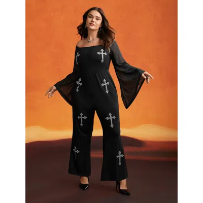 Bloomchic Women's Plus Size Gothic Glam Off-shoulder Waist-cinching Jumpsuit Black Party 14-16/1x