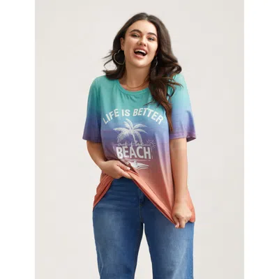 Bloomchic Women's Plus Size Gradient Beach Print Fitted T-shirt Multicolor Ombre Casual Short Sleeve Round Nec