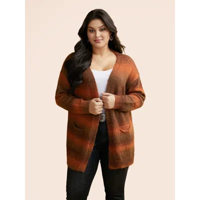 Bloomchic Women's Plus Size Gradient Dye Design Pockets Cardigan Yellowishbrown Long Sleeve 12/l