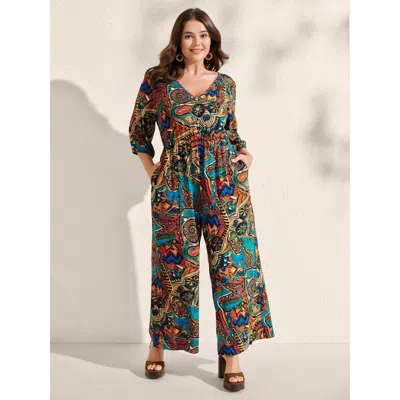 Bloomchic Women's Plus Size Graffiti Print Pockets Backless Tie Jumpsuit Multicolor Vacation 22-24/3x