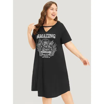 Bloomchic Women's Plus Size Graphic & Letter Print Pocket Cut Out Dress Black Dailywear Plain 10/m