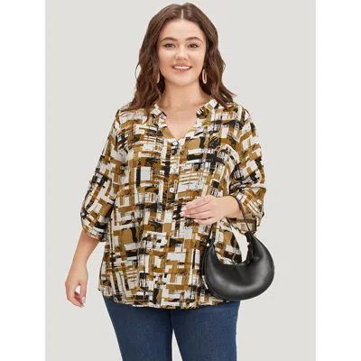 Bloomchic Women's Plus Size Graphic Print Notched Button Detail Cuffed Sleeve Blouse Bronze Office 3/4 Sleeve  In Brown