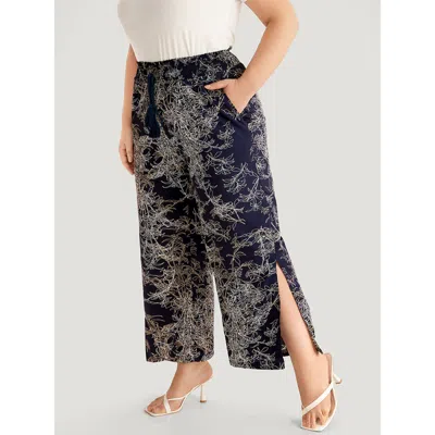 Bloomchic Women's Plus Size Graphic Print Shirred Split Side Tassels Ties Pants Indigo High Rise Dailywear 10/ In Purple
