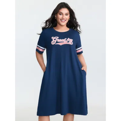 Bloomchic Women's Plus Size Great Joy Stretchy Color Contrast Mini T-shirt Dress Indigo Letter Knee Casual Col In Purple