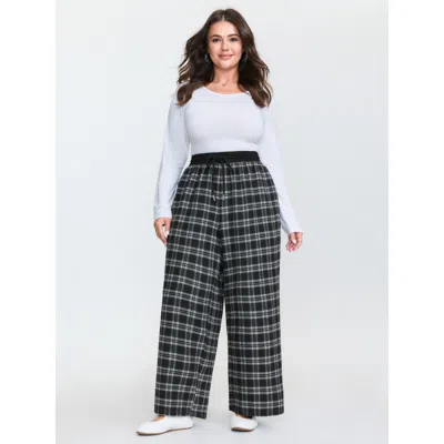 Bloomchic Women's Plus Size Grid Pattern Contrast Drawstring Pants Black Plaid Straight Fit High Rise Casual 1