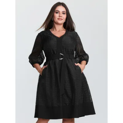 Bloomchic Women's Plus Size Grid Print Buckle Belt Contrast Mini Dress Pureblack Solid Midi Office Non 30/6x