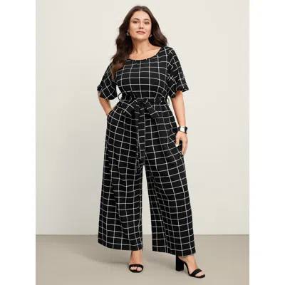 Bloomchic Women's Plus Size Grid Print Cinched Belted Waist Jumpsuit Black Office 10/m
