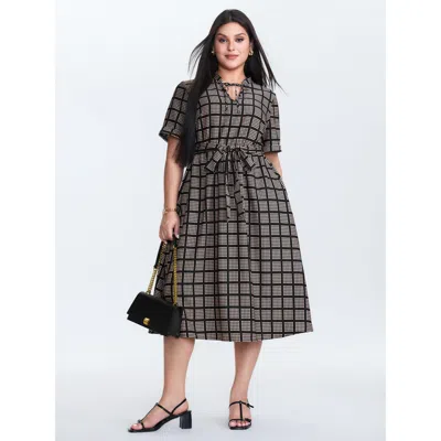 Bloomchic Women's Plus Size Grid Print Collar Waist-tie Midi Dress Blackflower Plaid Midi Office 10/m