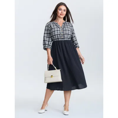Bloomchic Women's Plus Size Grid Print Color Contrast Ruffled Midi Dress Indigo Plaid Midi Office Patchwork 22 In Purple
